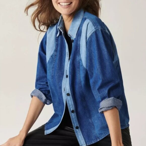 Ba&sh Ianis Mixed Denim Long Sleeve Button Front Collared Shirt Sz L - Picture 3 of 11